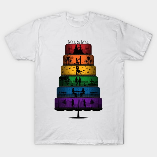 Lesbian Pride Wedding Cake with Rainbow Tiers T-Shirt by LiveLoudGraphics